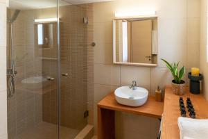 een badkamer met een wastafel en een glazen douche bij Syra Suites in Vári