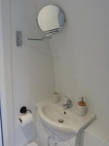 a white bathroom with a sink and a mirror at Tanleys - Skye Pod in Grantown on Spey