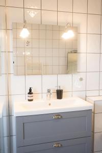 a bathroom with a sink and a mirror at Guesthouse Helluland in Þingeyjarsveit