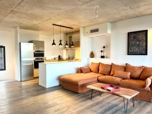 Una sala de estar con un sofá y una cocina. en Les Lofts de Sainte-Lucie-de-Porto-Vecchio, en Sainte-Lucie de Porto-Vecchio