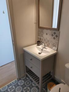 uma casa de banho com um lavatório e um espelho em Le Moulin d'Audenfort em Clerques