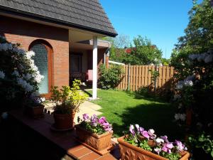 einen Hinterhof mit drei Topfpflanzen und einem Zaun in der Unterkunft Ferienwohnung Steingraf in Cuxhaven