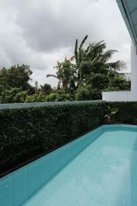 uma piscina ao lado de uma sebe e árvores em Villa IKIN em Ubud
