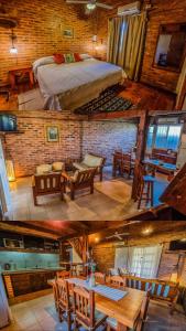 2 fotos de una habitación con cama y mesas en Cabañas Solar del Paso en Paso de la Patria
