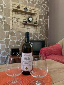 een fles wijn en twee wijnglazen op een tafel bij Bandici house in Podgorica