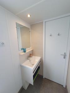 a bathroom with a sink and a mirror at Campingland Ostsee - Mobilheim A1Seestern in Schashagen