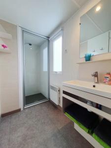 y baño con ducha acristalada y lavamanos. en Campingland Ostsee - Mobilheim 103Seewind, en Schashagen