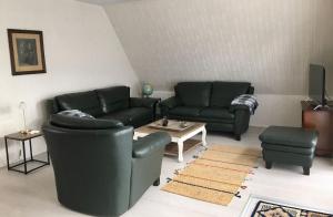 a living room with two couches and a coffee table at Wohnen im Alten Land in Grünendeich
