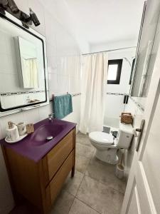 ein Badezimmer mit einem lila Waschbecken und einem WC in der Unterkunft Apartamento acogedor en la laguna in La Laguna