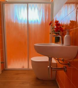 łazienka z umywalką i toaletą w obiekcie La Mansarda degli Ulivi w mieście Portoferraio