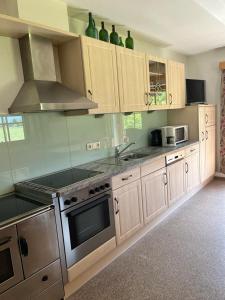 kuchnia z urządzeniami ze stali nierdzewnej i drewnianymi szafkami w obiekcie Ferienwohnung Zillertaler Alpenblick w mieście Zell am Ziller