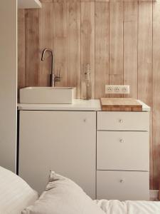 a bathroom with a sink and a bed at La Bulle d'EMBRUNS d'HERBE in Plogoff +29 photos