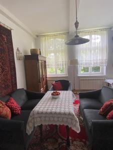 sala de estar con mesa y 2 sofás en Jeleńczówka Alte Dorfschule, en Parchowo