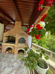 een patio met een bakstenen oven met bloemen bij Pensiunea Dragoș Vodă Breb in Breb
