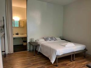 een slaapkamer met een bed en een bureau in een kamer bij Talponia 212 in Ivrea