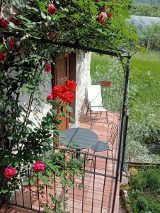 a patio with a table and a chair and roses at La Turr De Mezz in Nesso