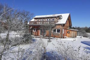 une maison en bois dans la neige avec des arbres enneigés dans l'établissement Ferienhaus "Am Wegesrand", 