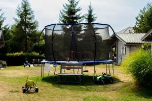 een trampoline in een tuin met twee speelgoedauto's bij domki szenodo na Jodłowej in Debina