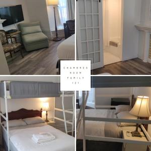 a room with two bunk beds and a room with a table at Ambrose House & Cafe - SELF CHECK-IN GUESTHOUSE in Montréal
