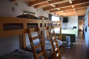 two bunk beds in a dorm room with a ladder at 伯方plus+ in Imabari