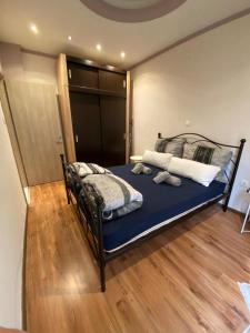 1 dormitorio con 1 cama con sábanas y almohadas azules en Ifestionos 2-Bedroom Apartment, en Tesalónica