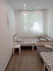 a room with two beds and a window at Apartament Queen in Malbork
