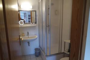 a bathroom with a shower and a sink at Aparthotel Schafshorn in Schaprode