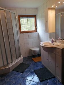 a bathroom with a sink and a shower and a toilet at Ferienwohnung Pohl in Bach