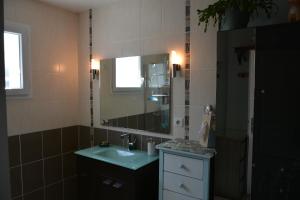 a bathroom with a sink and a mirror at Chambre d'hôtes de la tuilerie in Rion-des-Landes