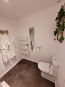 La salle de bains blanche est pourvue de toilettes et d'une fenêtre. dans l'établissement La maison père camembert, à Honfleur