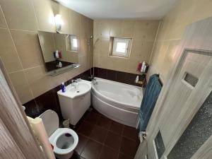 a bathroom with a toilet and a tub and a sink at L&L Apartment in Braşov
