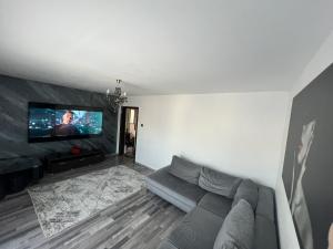 a living room with a couch and a flat screen tv at L&L Apartment in Braşov