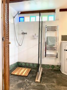 ein Bad mit einer Dusche mit einer Bank in der Unterkunft Historic school room in Helston