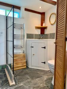 a bathroom with a toilet and a glass shower at Historic school room in Helston