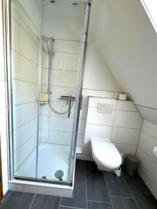 a bathroom with a shower and a toilet at Appartementhaus Müller in Niendorf