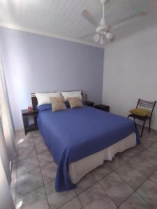 Schlafzimmer mit einem blauen Bett und einem Deckenventilator in der Unterkunft Alojamiento Turístico Los Pinos in Villa Elisa