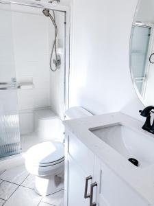 a bathroom with a toilet and a sink and a mirror at SunStar Alaska Bed and Breakfast LLC in Anchorage