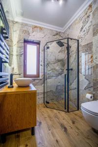 een badkamer met een glazen douche en een wastafel bij Cieplica in Białka Tatrzanska