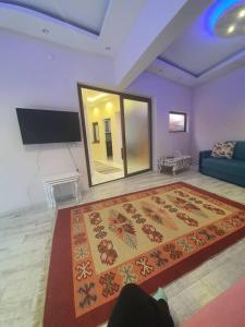 a living room with a large mirror and a rug at sea and mountain view roof terrace central in Alanya