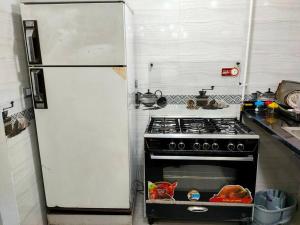 Il comprend une cuisine équipée d'une cuisinière et d'un réfrigérateur blanc. dans l'établissement Cozy Modern Apartment In El-Nozha, au Caire