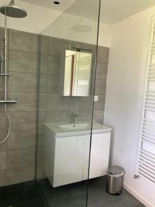 a bathroom with a sink and a glass shower at Le Trolle in Saint-Pons