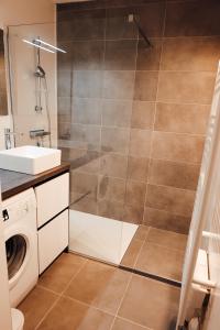 a bathroom with a shower and a washing machine at Appartement Miramar in Banyuls-sur-Mer
