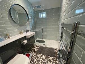 a bathroom with a toilet and a sink and a mirror at Luxury Beachfront The Cozy Clam in Pevensey