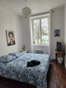 a bedroom with a bed with a blue comforter and a window at Maison Laurenza 2 chambres d'hôtes in Saint-Jean-de-Liversay