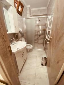 a bathroom with a shower and a sink and a toilet at Pelitpark Apart in Pelitli