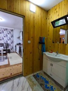 a bathroom with a sink and a kitchen with wooden walls at AMONG THE TREES in Široka