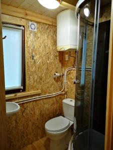 a bathroom with a toilet and a sink and a window at Bakasana in Ruciane-Nida