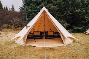 a tent with chairs inside of it in a field at Golden Circle Tents - Glamping Experience in Selfoss