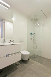 ポルトにあるAbbey Apartments City Centerのバスルーム(トイレ、ガラス張りのシャワー付)