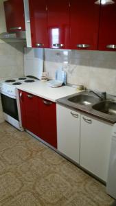 a kitchen with a stove and a sink and red cabinets at Villa Teodora in Donja Vrućica